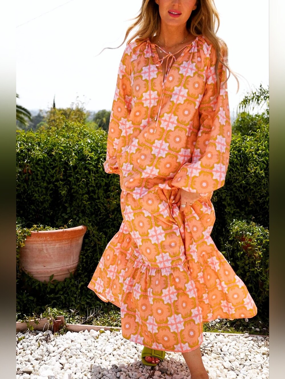 Ivy City Co Imogen Dress Orange Pink Floral Tie Neck Long Sleeve Maxi Size XS